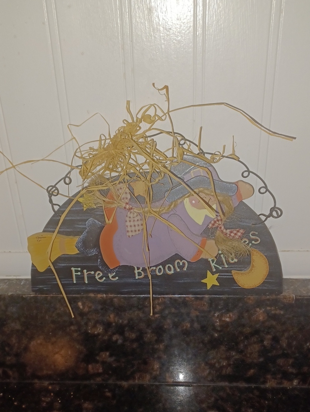 Vintage 90s Country Folk Art Halloween Witch Wood Hanging Sign Free Broom Rides